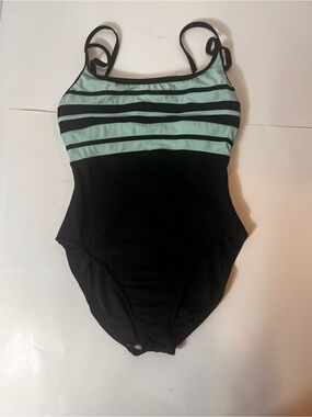 Miraclesuit Black and Mint Striped One-Piece Swimsuit SIZE MEDIUM